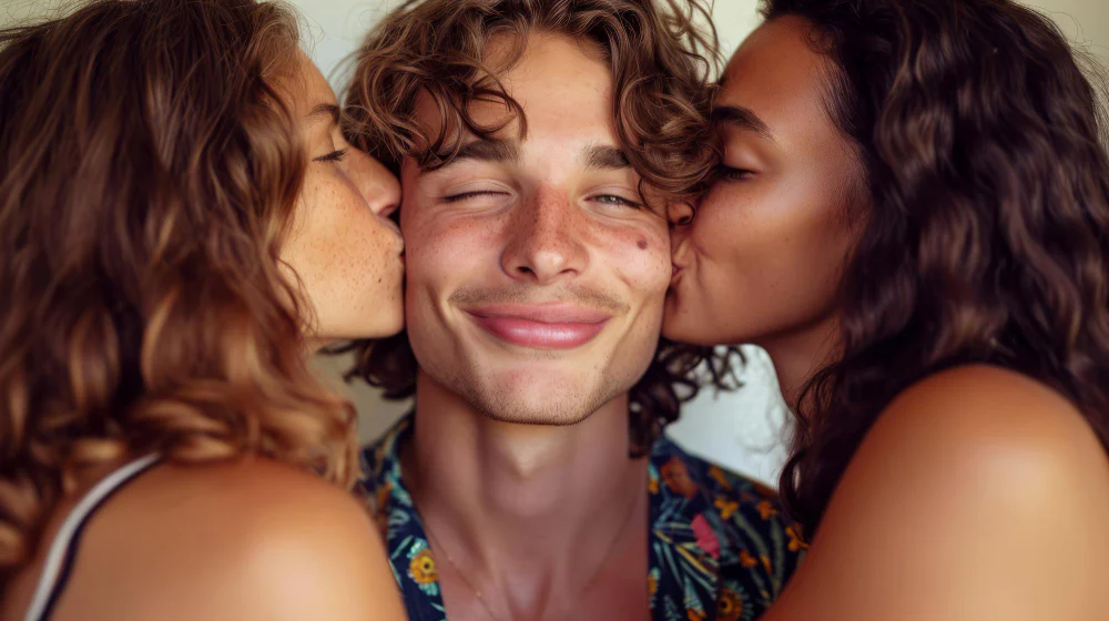 Three adults sharing an affectionate moment